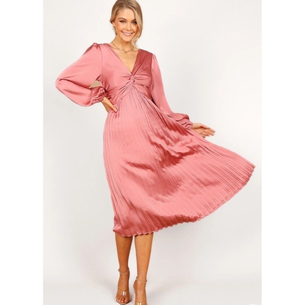 Petal & Pup Women's Noelle Twist Front Pleated Midi Dress Cocktail Size L Blush - Picture 2 of 16